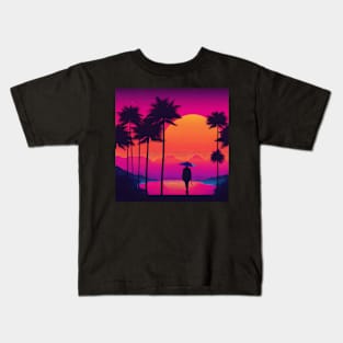 Synthwave samurai on palm lake Kids T-Shirt